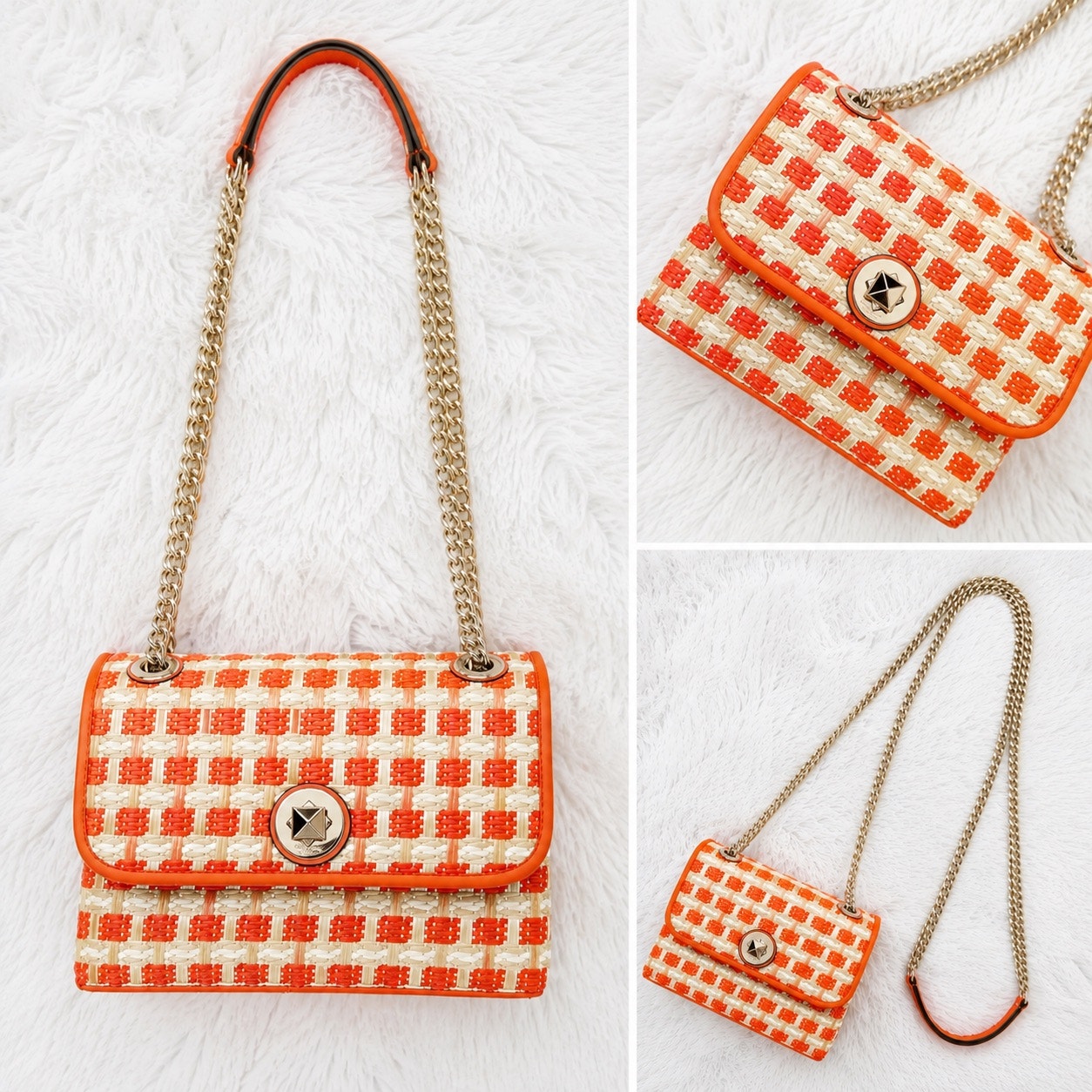 Kate Spade | Natalia Orange White Woven Chain Shoulder Bag Crossbody Boucle
